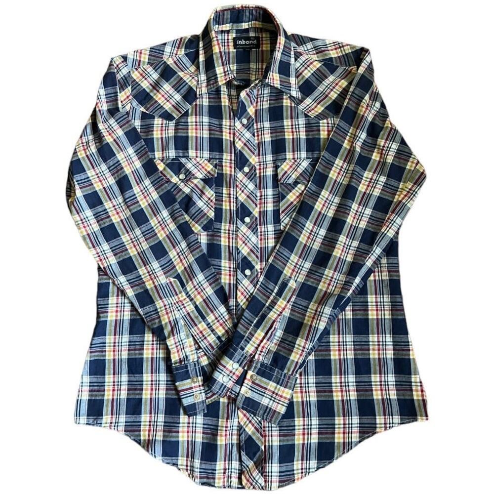 70s Blue Yellow Plaid Pearl Snap Vintage Western Shirt 38 Cowboy